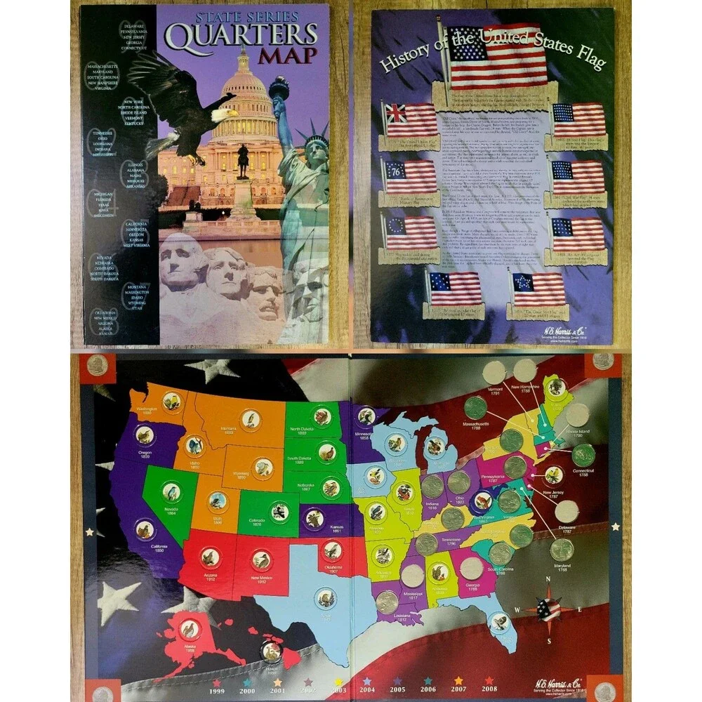 H.E. Harris & Co. State Series Quarters Collectors Map + Partial Set (13 of 50)